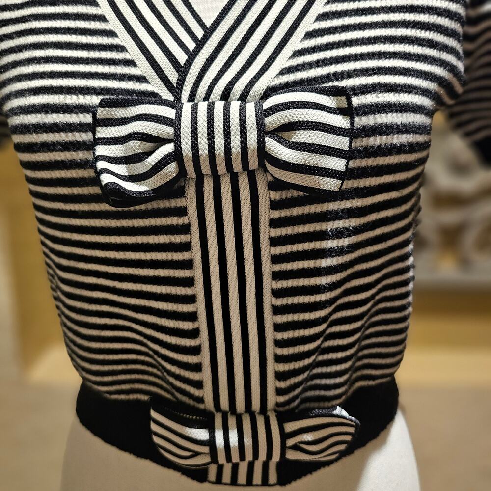 Threaded Leaf Striped Bow Sweater M Cropped Feminine Coquette Parisian Knit Twee - Picture 10 of 15